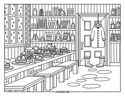 Coloriage de colonie de vacances pour adultes : Une scène de réfectoire avec des assiettes de petit-déjeuner et des flaques laissées par la pluie