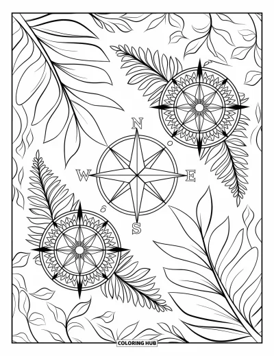 Coloriage de colonie de vacances pour adultes : Une boussole portant l'inscription "Camp North" avec des fougères détaillées et des lianes tourbillonnantes