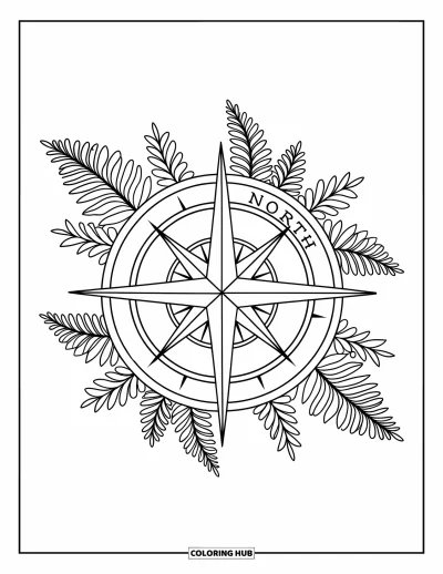 Coloriage de colonie de vacances pour adultes : Une rose des vents intitulée "Camp North" entourée de mandalas de fougères