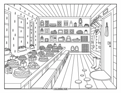 Coloriage de colonie de vacances pour adultes : Un réfectoire confortable rempli de pancakes, de fruits et de jus de fruit tandis que la pluie tombe dehors