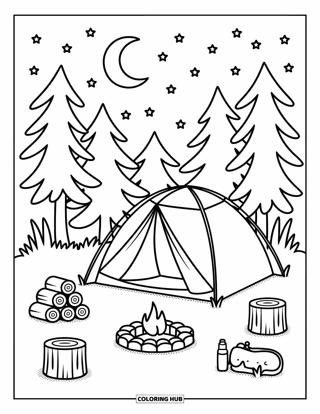 Summer Camp Coloring Page for Adults: A cozy tent at night surrounded by logs, stars, and pine trees