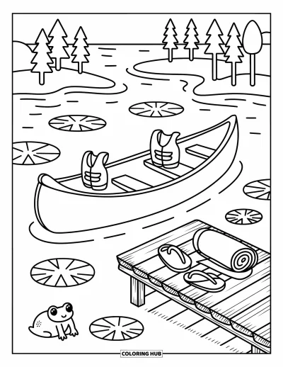 Coloriage de colonie de vacances pour adultes : Une charmante scène de canoë avec des gilets de sauvetage, des grenouilles et un ponton en bois
