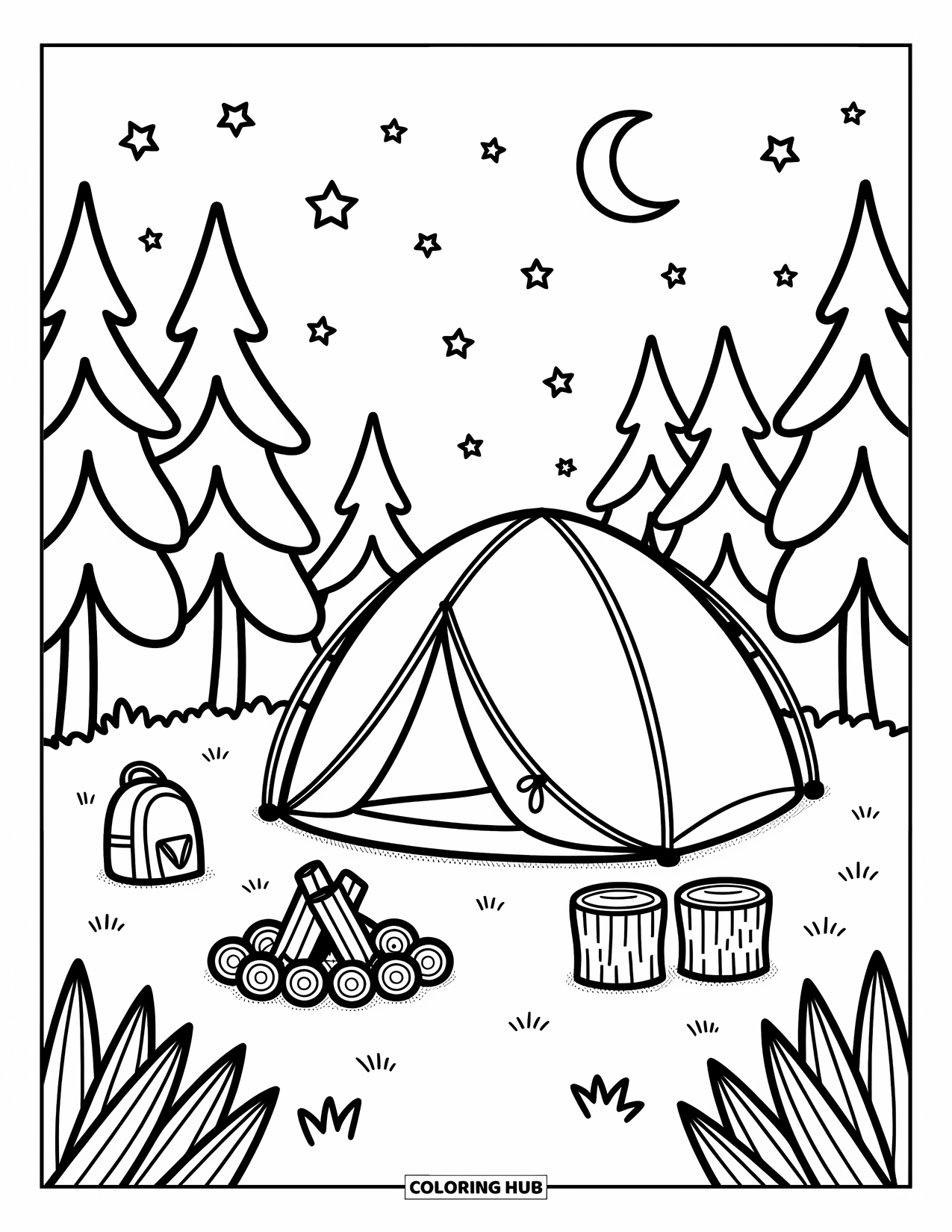 Summer Camp Coloring Page for Adults: A dome tent under moonlight with a campfire ring and tall pines