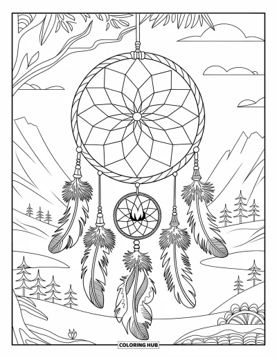 Coloriage de colonie de vacances pour adultes : Un attrape-rêves suspendu à un arbre avec des plumes et des icônes de camp