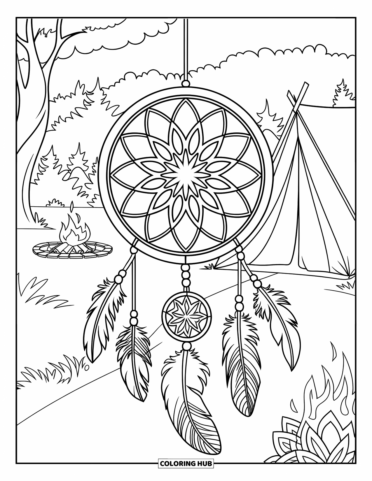 Summer Camp Coloring Page for Adults: A dreamcatcher with camp icons hanging beside a fire and tent