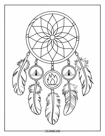Coloriage de colonie de vacances pour adultes : Un attrape-rêves avec des plumes, des tentes et des symboles de feu de camp