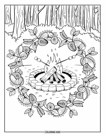 Coloriage de colonie de vacances pour adultes : Un feu de camp entouré de feuilles et de lianes en mandala botanique