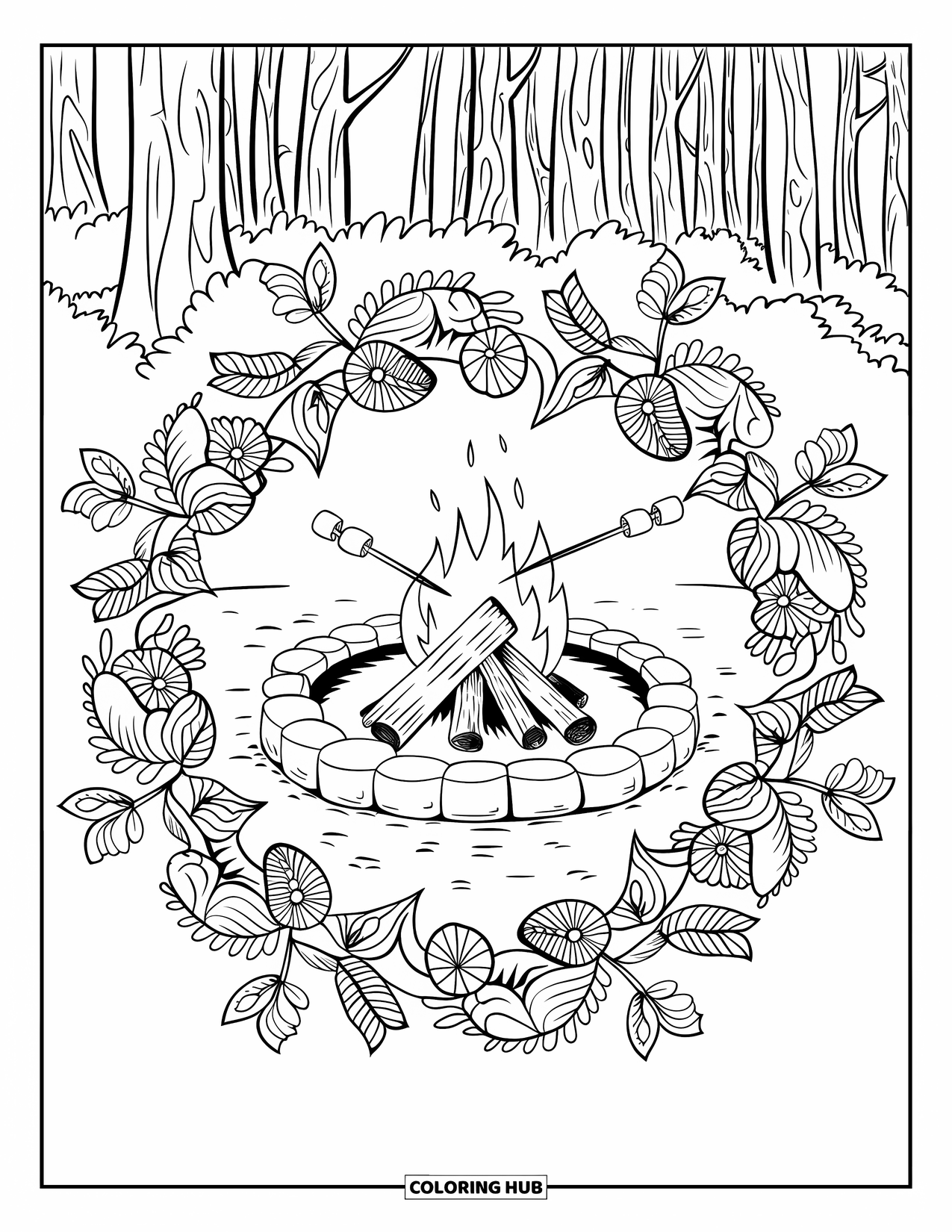 Summer Camp Coloring Page for Adults: A firepit surrounded by botanical mandala leaves and vines