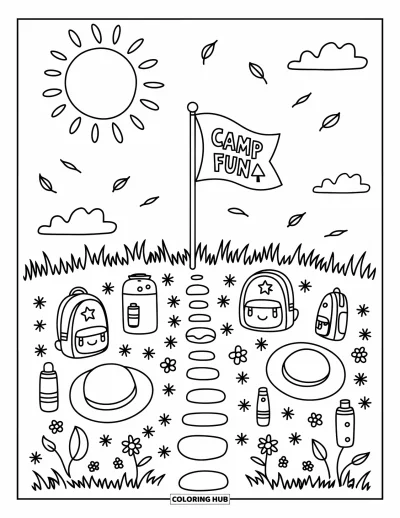 Coloriage de colonie de vacances pour adultes : Un mât de drapeau dans l'herbe portant l'inscription "Camp Fun", entouré de chapeaux et de sacs à dos