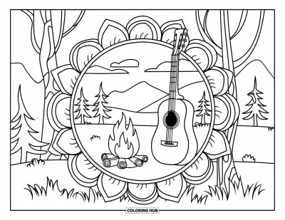 Coloriage de colonie de vacances pour adultes : Une guitare à côté d'un feu de camp avec un paysage de montagne et des bordures en mandala