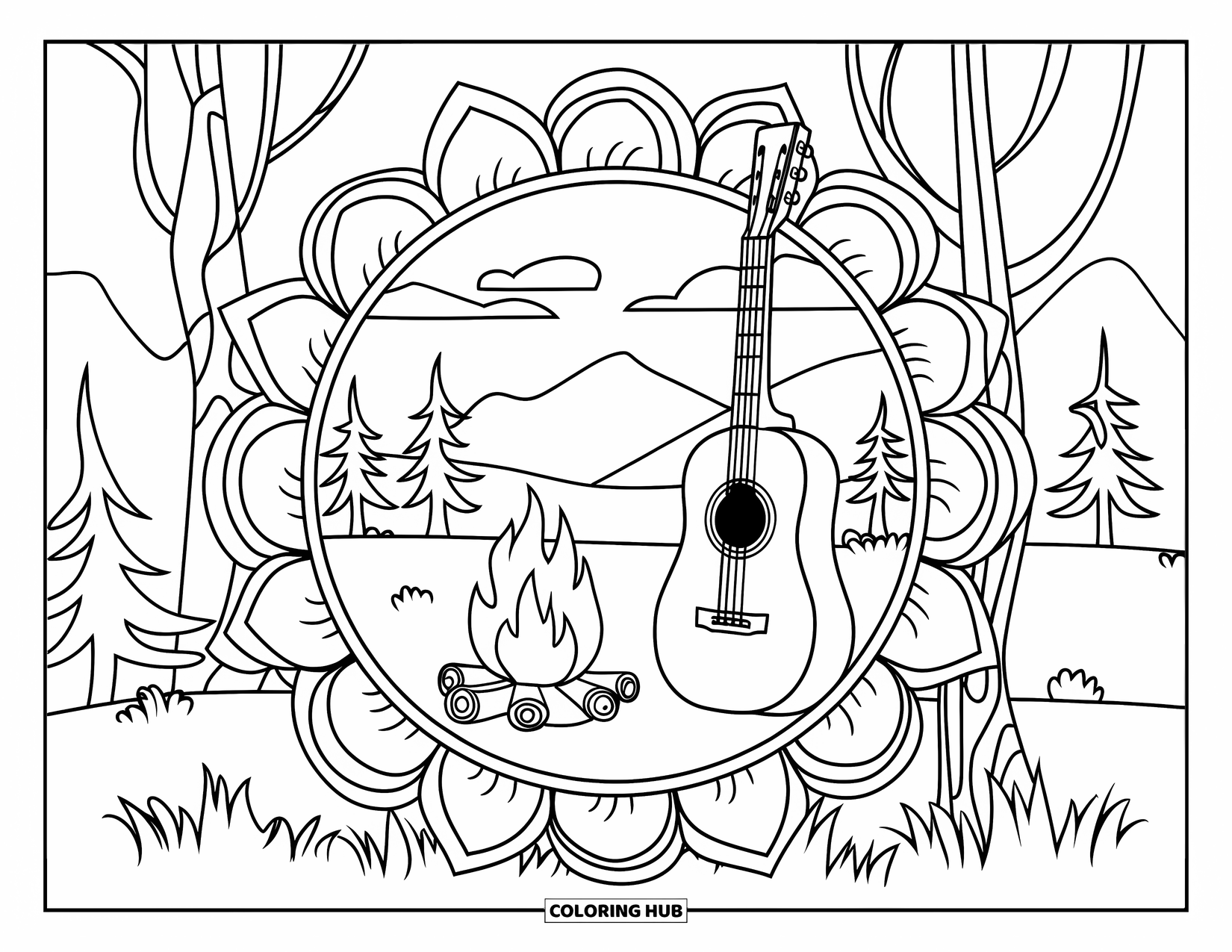 Summer Camp Coloring Page for Adults: A guitar beside a campfire with mountain scenery and mandala borders