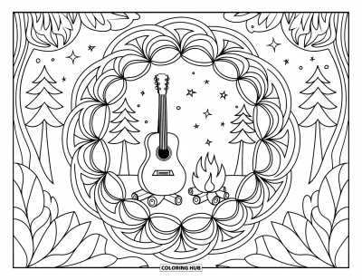 Coloriage de colonie de vacances pour adultes : Une guitare près d'un feu de camp encadré d'anneaux de mandalas floraux sous un ciel étoilé