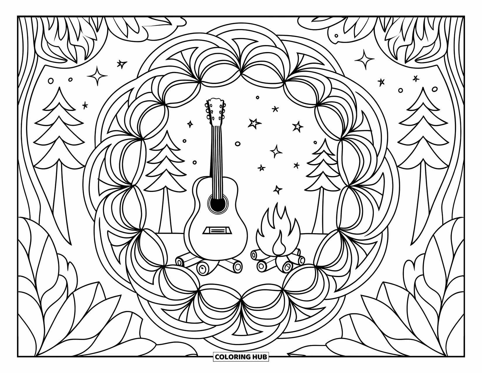 Summer Camp Coloring Page for Adults: A guitar by a campfire framed with floral mandala rings under a starry sky