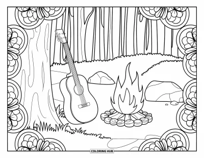 Coloriage de colonie de vacances pour adultes : Une guitare contre un arbre près d'un feu de camp brillant encadré de mandalas floraux