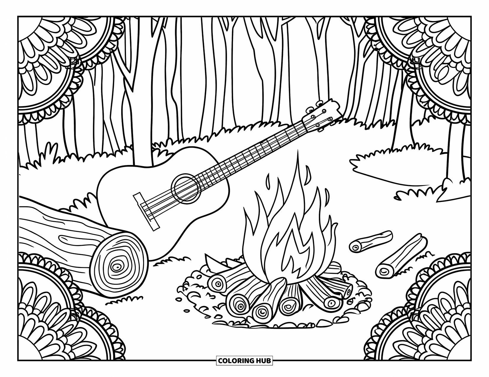 Summer Camp Coloring Page for Adults: A guitar leaning on a log near a campfire surrounded by mandala flowers