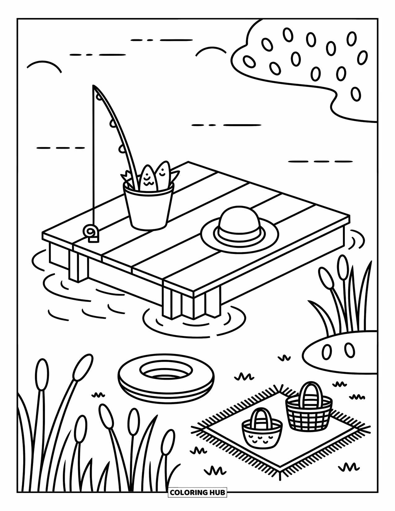 Summer Camp Coloring Page for Adults: A lakeside dock with a bucket of fish, hat, and floating tube nearby