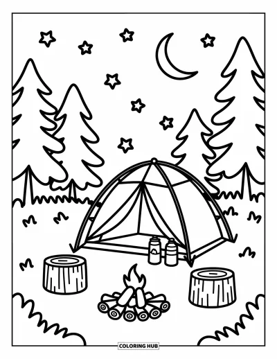 Coloriage de colonie de vacances pour adultes : Un campement sous la lune avec une tente, des étoiles et des pins paisibles alentour