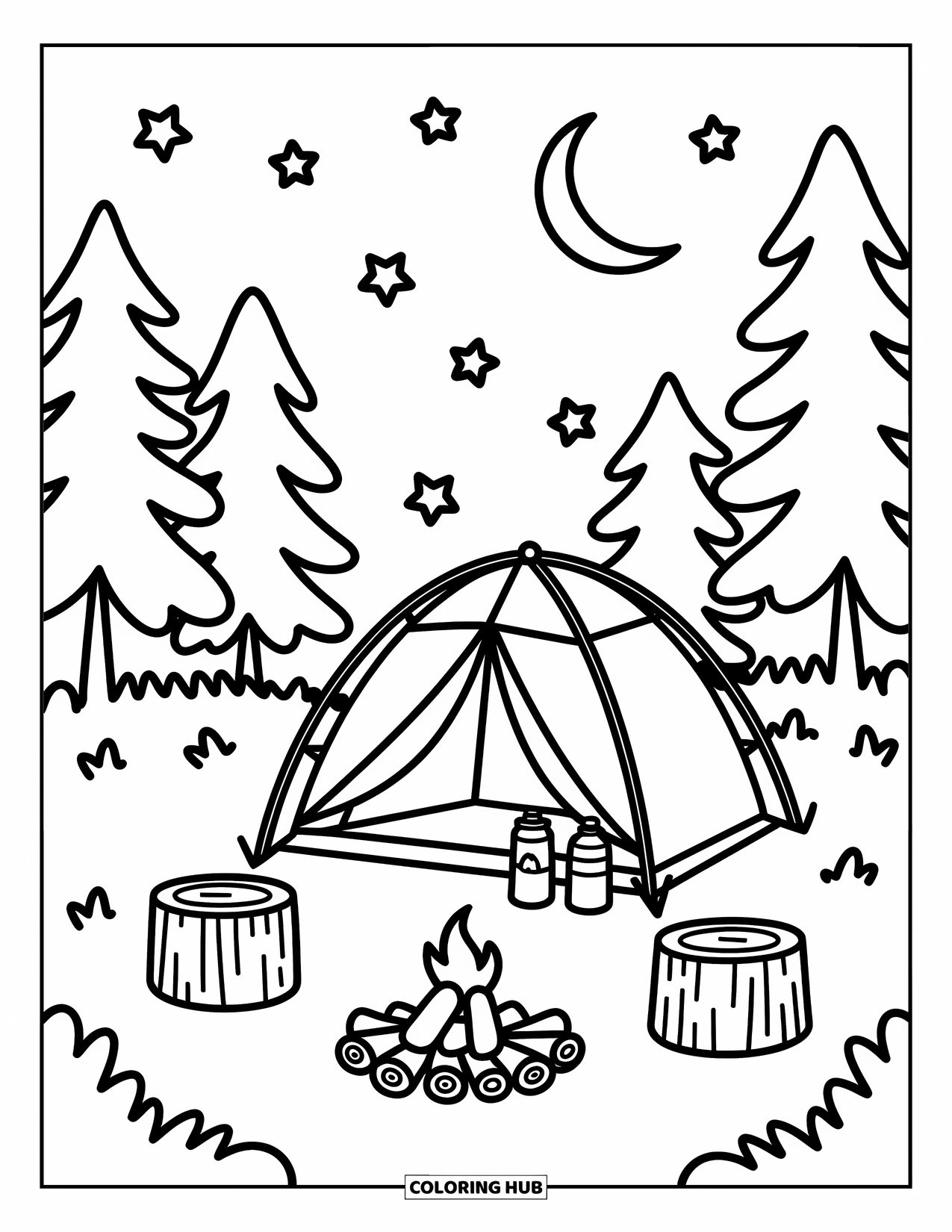 Summer Camp Coloring Page for Adults: A moonlit campsite with a tent, stars, and soft pine trees around