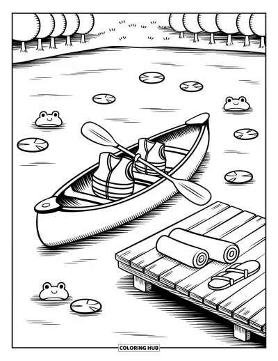Coloriage de colonie de vacances pour adultes : Un lac paisible avec un canoë, des grenouilles et des tongs sur le ponton