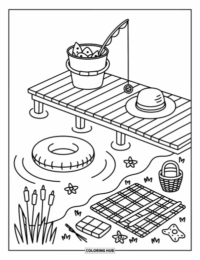 Coloriage de colonie de vacances pour adultes : Un ponton lacustre tranquille avec des roseaux, une couverture de pique-nique et une canne à pêche