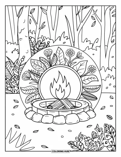 Coloriage de colonie de vacances pour adultes : Un feu de camp cerclé de pierres entouré de plantes et de fleurs en mandala