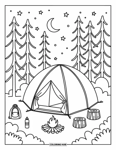 Coloriage de colonie de vacances pour adultes : Une tente et un feu de camp sous un croissant de lune dans une forêt silencieuse