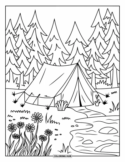 Coloriage de colonie de vacances pour adultes : Une tente au bord d'un lac avec des arbres en vitrail et des fleurs sauvages à proximité