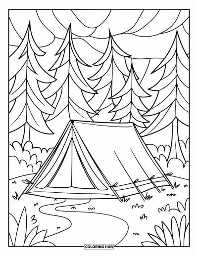 Coloriage de colonie de vacances pour adultes : Une tente dans les bois portant l'inscription "Camp Haven" entourée de chemins forestiers