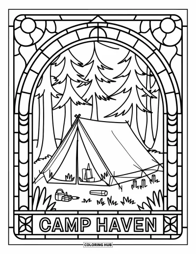 Coloriage de colonie de vacances pour adultes : Une tente portant l'inscription "Camp Haven" encadrée par des pins en vitrail