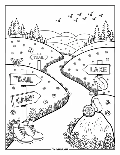 Coloriage de colonie de vacances pour adultes : Un sentier serpentant dans des collines fleuries avec des panneaux indiquant "Trail", "Camp" et "Lake"