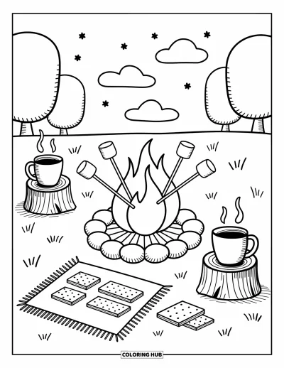 Coloriage de colonie de vacances pour adultes : Une scène de feu de camp chaleureuse avec des tasses, des arbres, des étoiles et de doux nuages au-dessus
