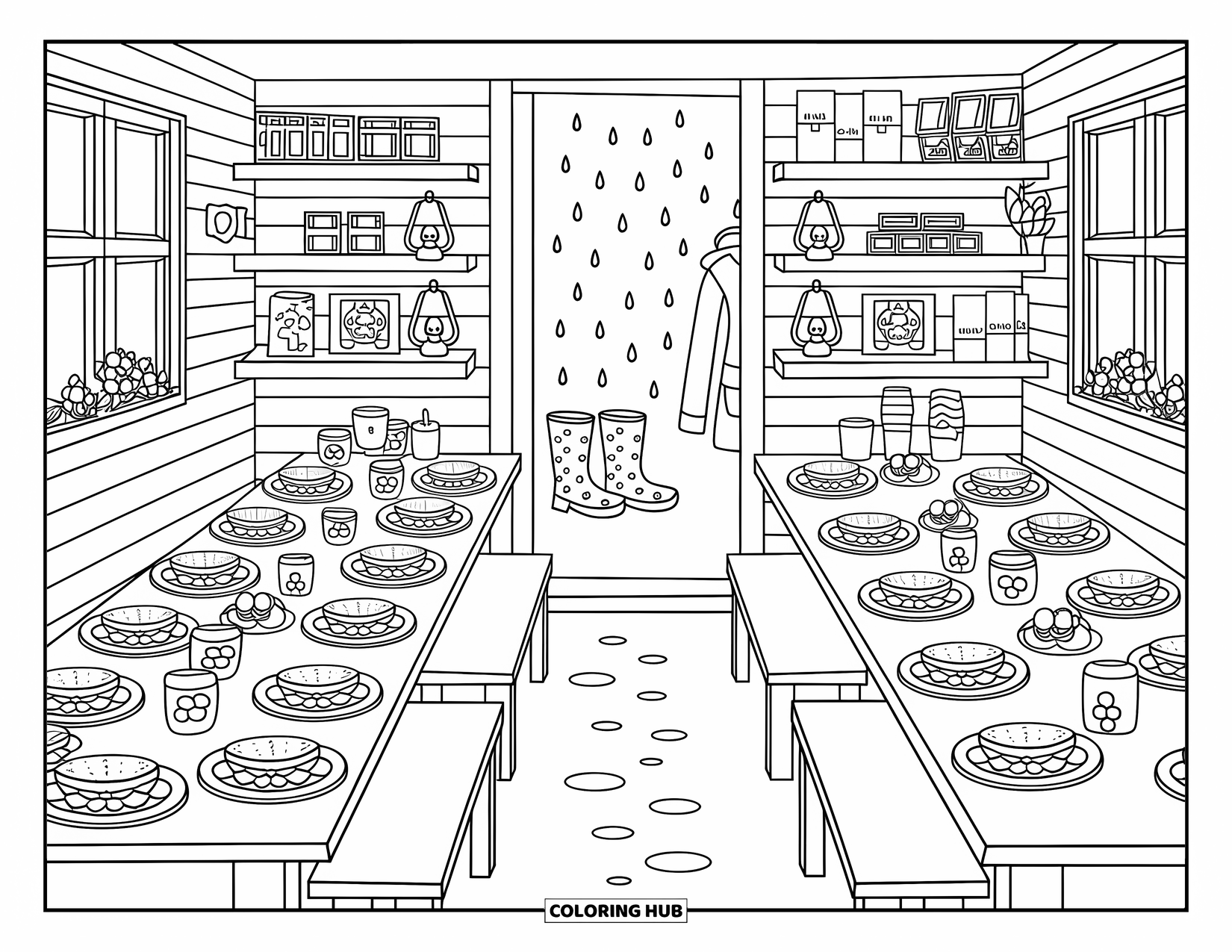 Summer Camp Coloring Page for Adults: A warm mess hall with pancakes, fruit, lanterns, and puddles by the door