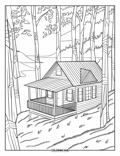 Coloriage de colonie de vacances pour adultes : Un chalet en bois dans une forêt avec des arbres aux motifs de vitrail