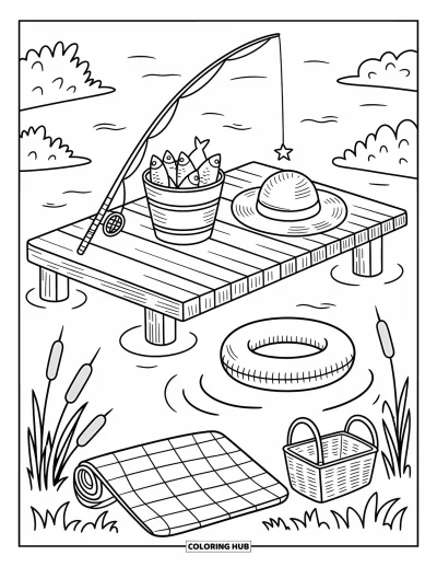 Coloriage de colonie de vacances pour adultes : Un ponton en bois avec une canne à pêche, un seau de poissons et une bouée flottante