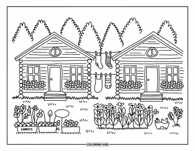Coloriage de colonie de vacances pour adultes : Des chalets côte à côte avec des fleurs, des serviettes et des panneaux de jardin portant "Carrots" et "Tomatoes"