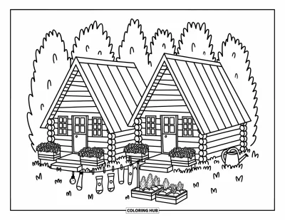 Coloriage de colonie de vacances pour adultes : Deux chalets accueillants avec des vérandas, des jardinières et un fil à linge tendu entre eux