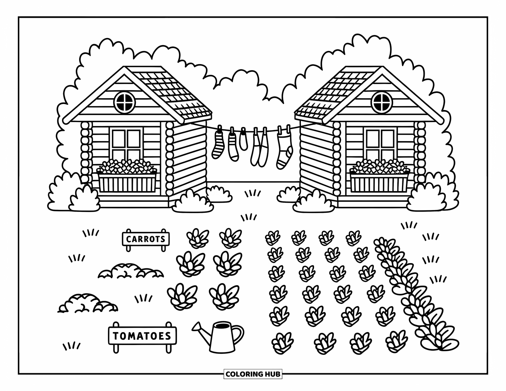 Summer Camp Coloring Page for Adults: Two quaint cabins with flowers, a garden, and laundry hanging in the sun