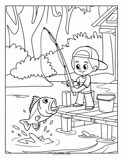 Coloriage de colonie de vacances pour enfants : Un garçon qui pêche sur le ponton tandis qu'un poisson bondit du lac