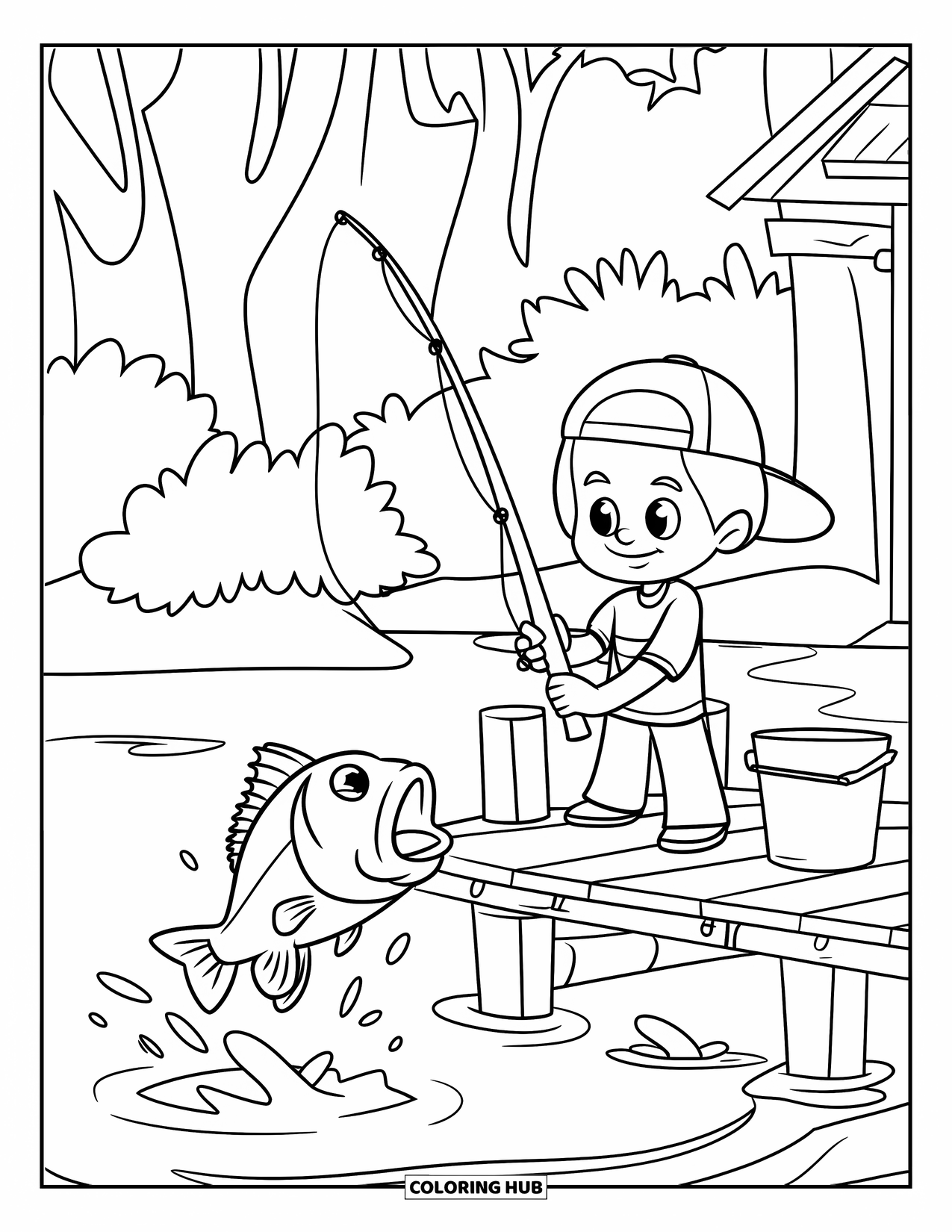 Summer Camp Coloring Page for Kids: A boy fishing by the dock as a fish leaps from the lake