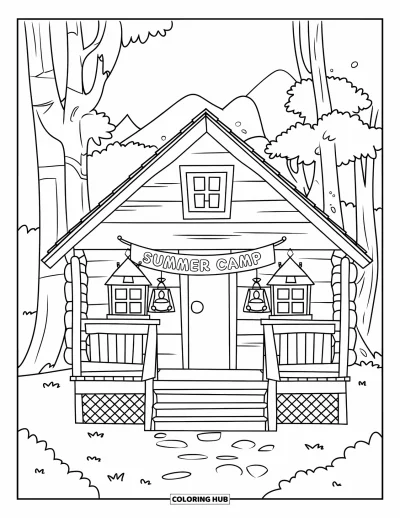 Coloriage de colonie de vacances pour enfants : Un chalet avec des lanternes et une banderole entouré de grands arbres