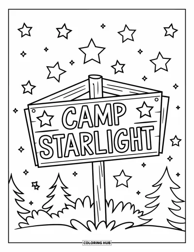 Coloriage de colonie de vacances pour enfants : Un poteau indicateur "Camp Starlight" entouré de pins et d'étoiles