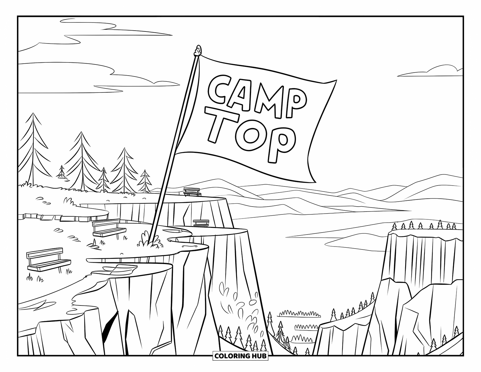 Summer Camp Coloring Page for Kids: A "Camp Top" flag flying high above a scenic multi-level lookout