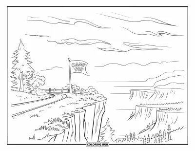 Coloriage de colonie de vacances pour enfants : Un belvédère "Camp Top" avec une route, des arbres et une vue sur les montagnes