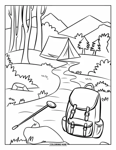 Coloriage de colonie de vacances pour enfants : Un sentier de camp entouré d'arbres et de montagnes