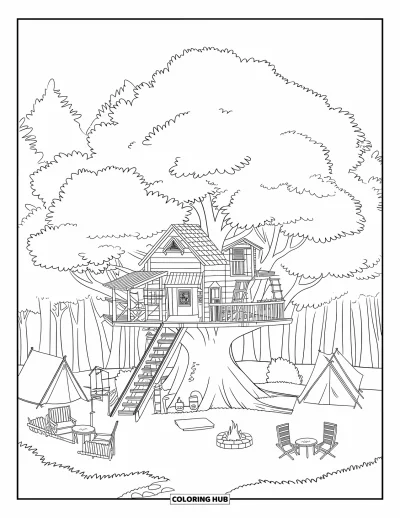 Coloriage de colonie de vacances pour enfants : Une cabane dans les arbres avec du mobilier, des tentes et un feu de camp à proximité