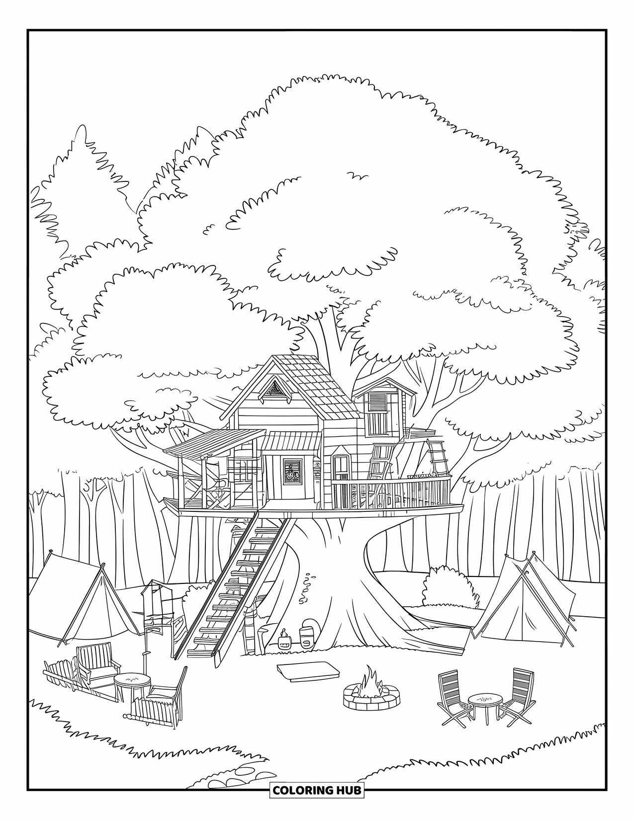 Summer Camp Coloring Page for Kids: A camp treehouse with furniture, tents, and a fire pit nearby