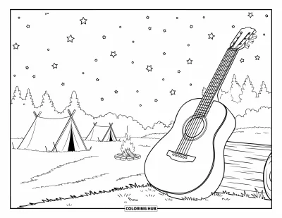 Coloriage de colonie de vacances pour enfants : Une scène de feu de camp avec une guitare et des tentes sous un ciel étoilé
