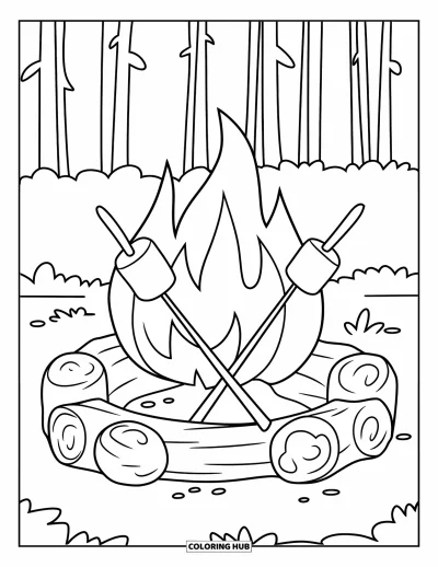 Coloriage de colonie de vacances pour enfants : Un feu de camp avec des guimauves sur des bâtons et de grosses bûches servant de sièges