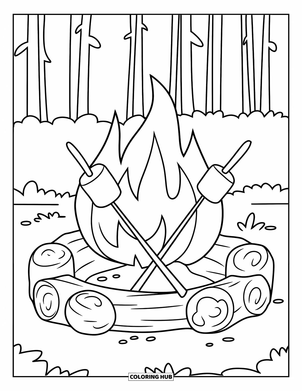 Summer Camp Coloring Page for Kids: A campfire with marshmallows on sticks and big log seats