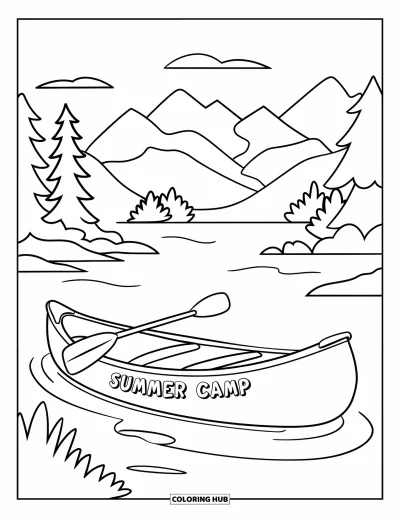 Coloriage de colonie de vacances pour enfants : Un canoë flottant sur un lac portant l'inscription "Summer Camp"